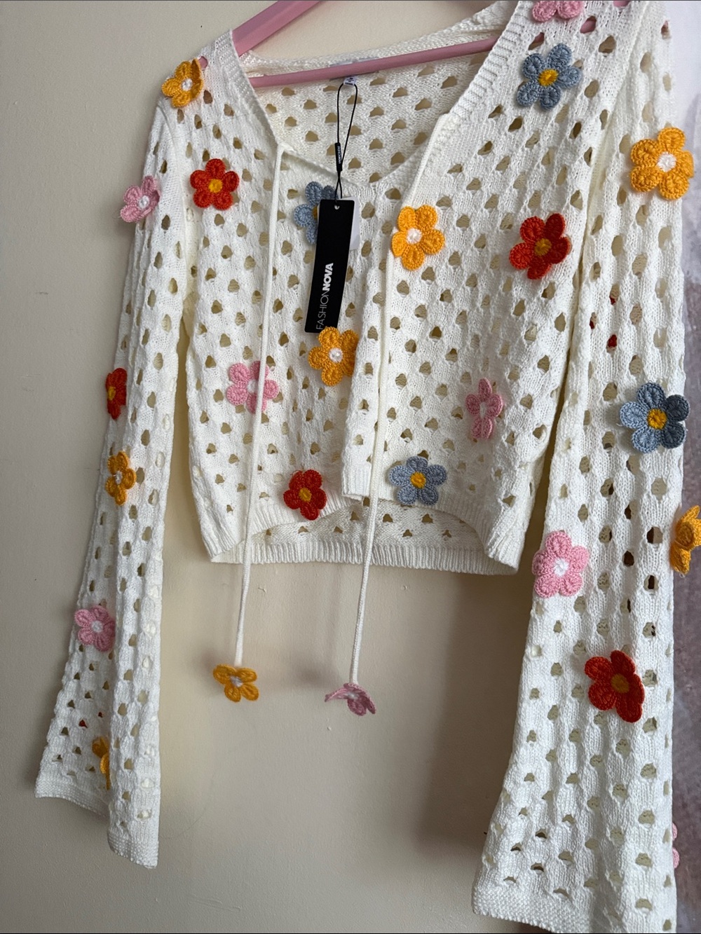 Fashion Nova White Crochet Crop Cardigan with Multicolor Floral Appliqués